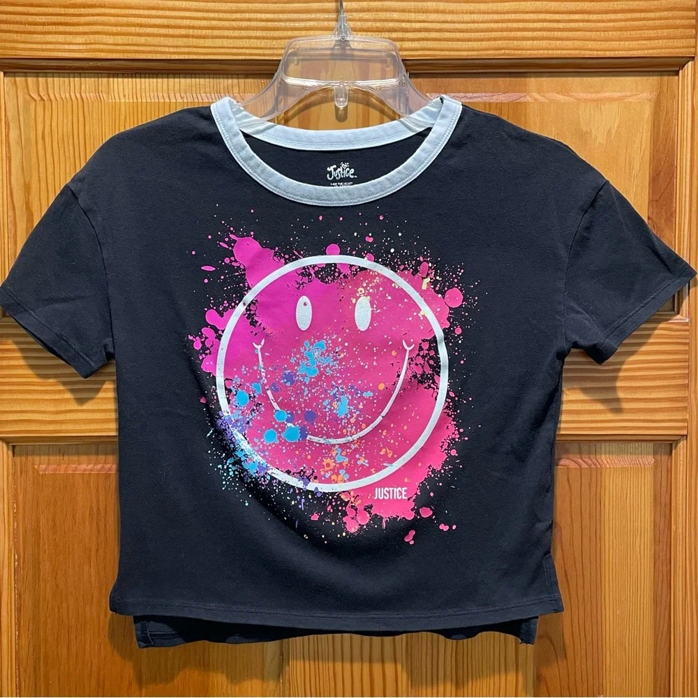 Justice Medium Girls Black T Shirt Smile Face Pink Purple Blue Splatter Paint
